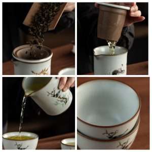 Antique Heavenly Bamboo Ceramic Portable Travelling Tea Set Case