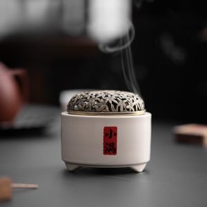 Hollowed Lid White Porcelain Charcoal and Powder Cone Incense Burner Holder