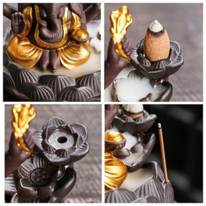 Indian Elephant Buddha Purple Clay Ceramic Backflow and Waterfall Incense Burner