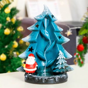 Large Blue and Brown Christmas Tree and Santa Claus Incense Burner