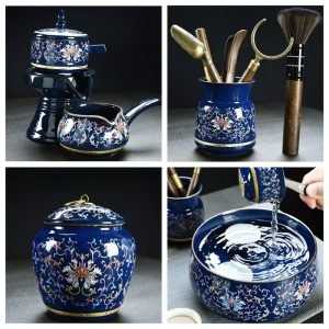 Blue Glaze Enamel Tangled Branches Pattern Ceramic Lazy Semi Automatic Tea Set