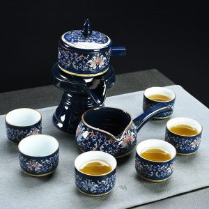Blue Glaze Enamel Tangled Branches Pattern Ceramic Lazy Semi Automatic Tea Set