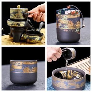 Along The River During Qingming Festival Pattern Automatic Lazy Teapot And Cup Set
