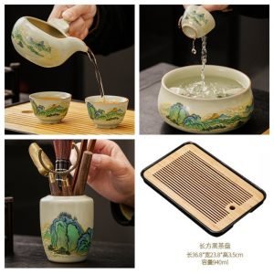 Landscape Painting Crack Ru Kiln Ceramic Lazy Semi Automatic Tea Set