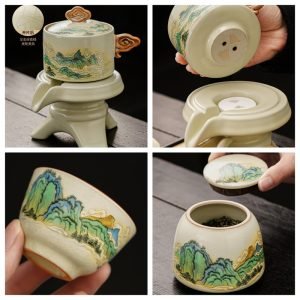 Landscape Painting Crack Ru Kiln Ceramic Lazy Semi Automatic Tea Set
