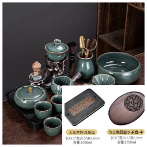 Green Ge Kiln Cracked Ceramic Semi Automatic Lazy Tea Set With Buddha Statue