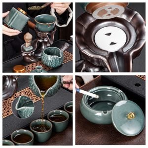 Green Ge Kiln Cracked Ceramic Semi Automatic Lazy Tea Set With Buddha Statue
