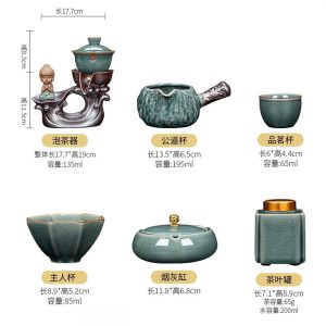Green Ge Kiln Cracked Ceramic Semi Automatic Lazy Tea Set With Buddha Statue