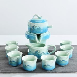 Celadon Landscape Painting Pattern Semi Automatic Lazy Tea Set