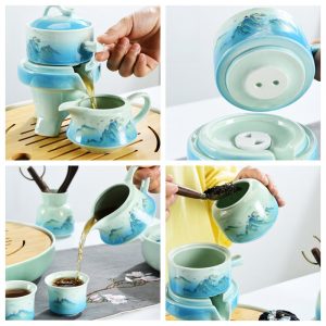 Celadon Landscape Painting Pattern Semi Automatic Lazy Tea Set