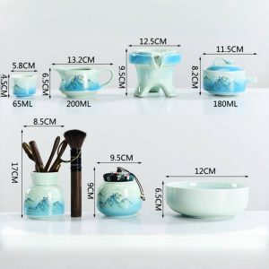 Celadon Landscape Painting Pattern Semi Automatic Lazy Tea Set