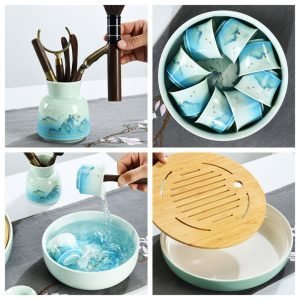 Celadon Landscape Painting Pattern Semi Automatic Lazy Tea Set