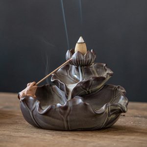 Lotus-Shaped Vintage Ceramic Chinese Backflow and Waterfall Incense Burner
