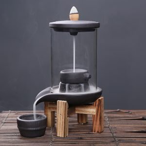 Millstone-Shaped Smoke Backflow and Waterfall Incense Burner with Wooden Stand