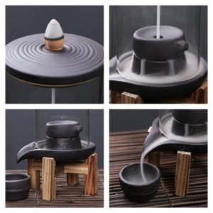 Millstone-Shaped Smoke Backflow and Waterfall Incense Burner with Wooden Stand