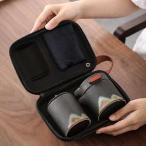 Black And White Mountain Ceramic Travel Tea Set With Case