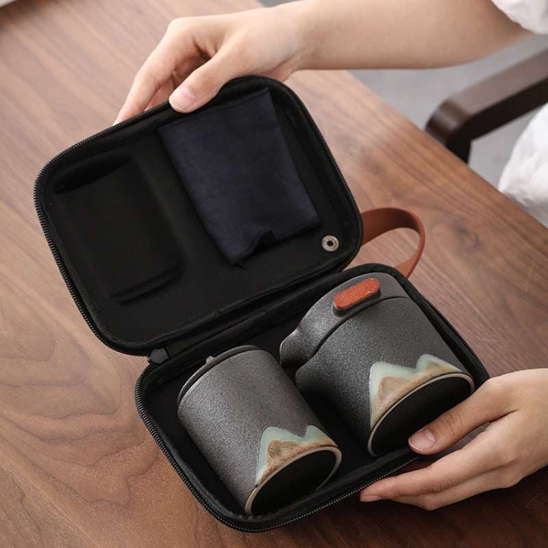 Black And White Mountain Ceramic Travel Tea Set With Case Black And White Mountain Ceramic Travel Tea Set With Case