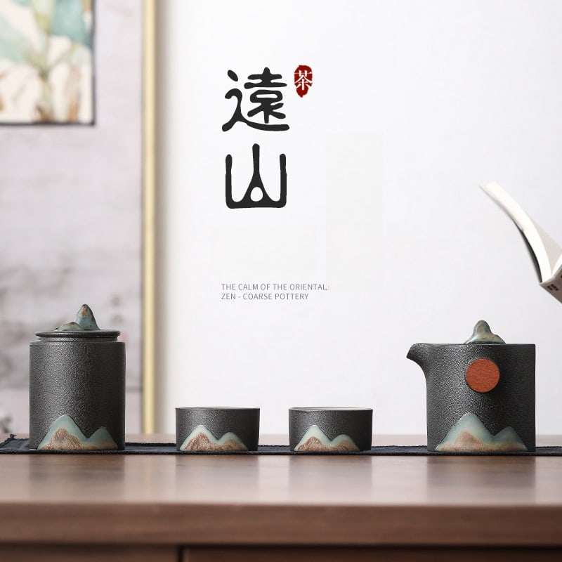 Black And White Mountain Ceramic Travel Tea Set With Case Black And White Mountain Ceramic Travel Tea Set With Case