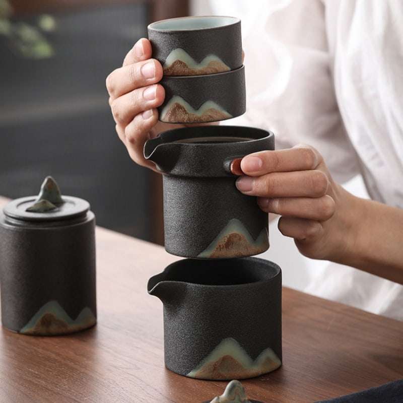 Black And White Mountain Ceramic Travel Tea Set With Case Black And White Mountain Ceramic Travel Tea Set With Case