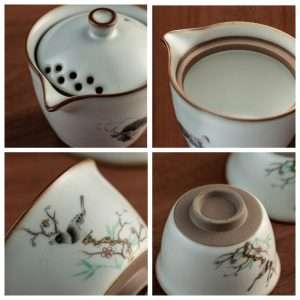 Bird And Flower Pattern Antique Ceramic Travelling Tea Set Case
