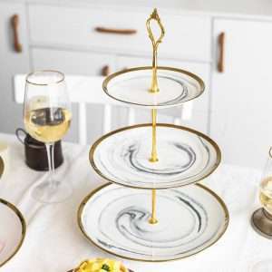 Vintage Pink Marbling Ceramics Afternoon 3 Tier Tea And Pastry High Stand