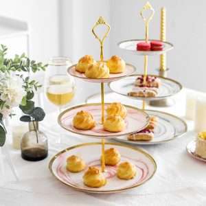 Vintage Pink Marbling Ceramics Afternoon 3 Tier Tea And Pastry High Stand