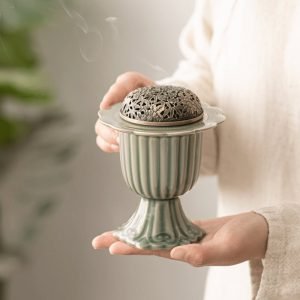 Pedestal Flower Rim Ceramic Charcoal and Powder Cone Incense Burner Holder