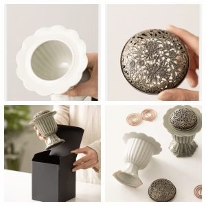 Pedestal Flower Rim Ceramic Charcoal and Powder Cone Incense Burner Holder