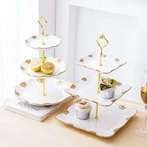 Rectangular Antique English Ceramic Three Tier High Cake Stand For Tea And Coffee Party