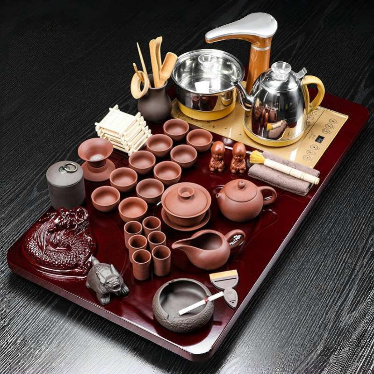 Gong Fu Chinese Kung Fu Tea Table Purple Clay Gongfu Tea Set With Dragon  Theme Wooden Tray And