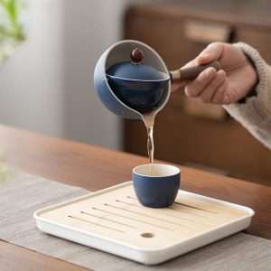 Best White And Blue Rotation Ceramic Portable Tea Set Travel Case