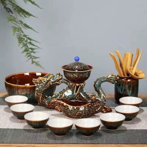 Kiln Change Blue Glaze Ceramic Dragon Shape Semi Automatic Lazy Tea Set