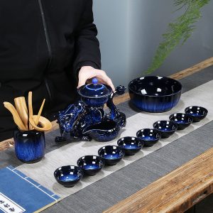 Kiln Change Blue Glaze Ceramic Dragon Shape Semi Automatic Lazy Tea Set