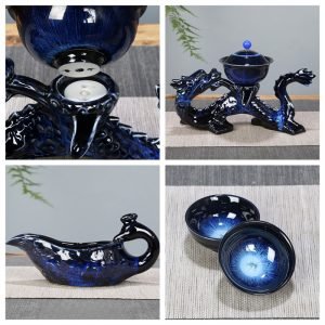 Kiln Change Blue Glaze Ceramic Dragon Shape Semi Automatic Lazy Tea Set