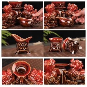 Red Glaze Ceramic Lazy Semi Automatic Tea Set With Two Pi Xiu Symbol Of Luck