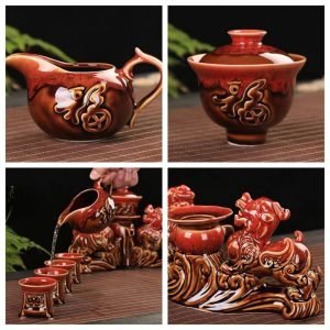 Red Glaze Ceramic Lazy Semi Automatic Tea Set With Two Pi Xiu Symbol Of Luck