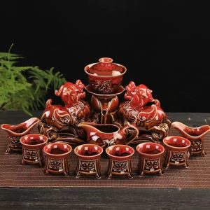 Red Glaze Ceramic Lazy Semi Automatic Tea Set With Two Pi Xiu Symbol Of Luck