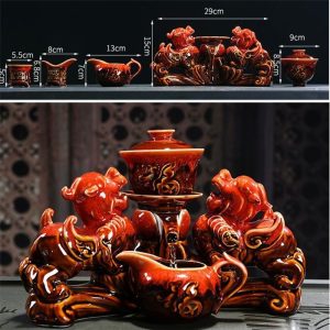 Red Glaze Ceramic Lazy Semi Automatic Tea Set With Two Pi Xiu Symbol Of Luck