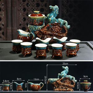 Blue And Brown Glaze Ceramic Horse Shape Automatic Lazy Teapot And Cup Set