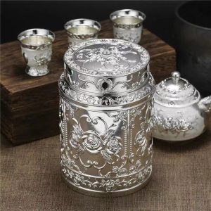 Antique Chinese Peony Silver Plated Metal Tea Caddy for Loose Leaf