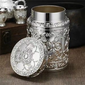 Antique Chinese Peony Silver Plated Metal Tea Caddy for Loose Leaf