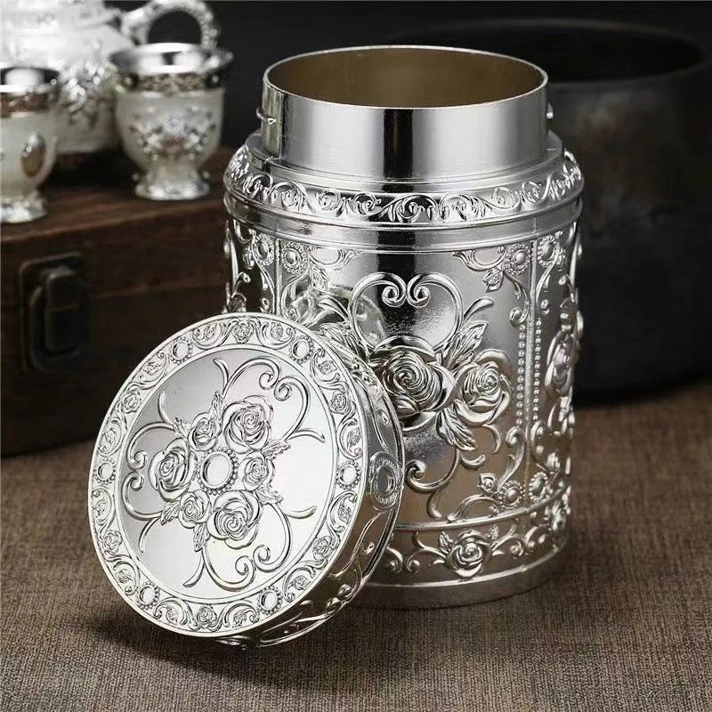 Antique Chinese Peony Silver Plated Metal Tea Caddy for Loose Leaf Antique Chinese Peony Silver Plated Metal Tea Caddy for Loose Leaf