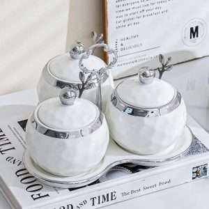 Silver Color Ceramic Vintage Afternoon Tea Coffee Sugar Canisters With Stand