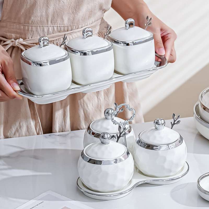 Silver Color Ceramic Vintage Afternoon Tea Coffee Sugar Canisters With Stand Silver Color Ceramic Vintage Afternoon Tea Coffee Sugar Canisters With Stand