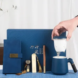 Blue Travel Ceramic Tea Mug Gift Set With Ceramic Infuser And Lid-400ml