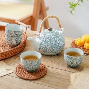 Vintage Porcelain Hand-painted Geometric Pattern Japanese Teapot Set With Bamboo Handle