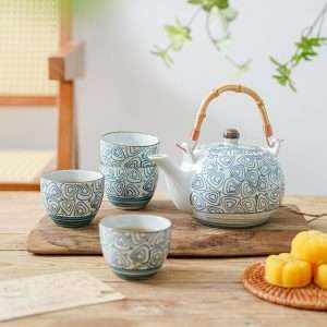 Vintage Porcelain Hand-painted Geometric Pattern Japanese Teapot Set With Bamboo Handle