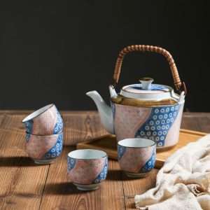 Vintage Porcelain Hand-painted Simple Pattern Teapot And Cup Set With Rattan Woven Bamboo Handle