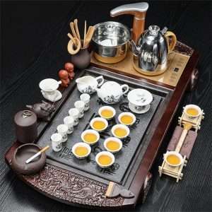 White Porcelain Gongfu Tea Set with Dragon Tea Tray and Stainless Electric Teapot with Temperature Control