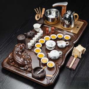 Elegant Pixiu Theme Landscape White Porcelain Gongfu Tea Set with Wooden Tray and Electric Teapot